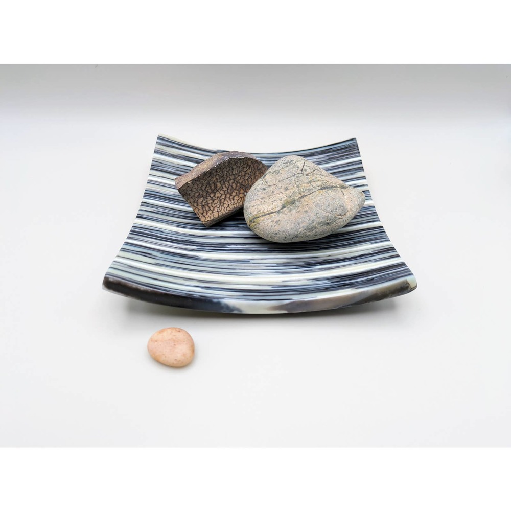 Matte Fused Art Glass Catch-All Display Plant Dish Black & White Stripes